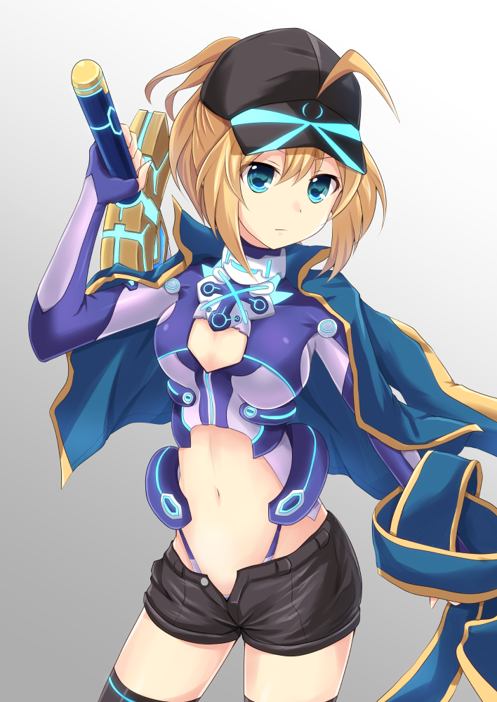 ahoge artoria_pendragon_(all) black_hat black_legwear black_shorts blonde_hair blue_cape blue_gloves blue_panties breasts cape cleavage cleavage_cutout cowboy_shot cross_(crossryou) fate/grand_order fate_(series) fingerless_gloves gloves gradient gradient_background grey_background hair_through_headwear hat highleg highleg_panties holding holding_sword holding_weapon midriff mysterious_heroine_x navel open_clothes open_shorts panties short_shorts shorts small_breasts solo standing stomach sword thighhighs underwear visor_cap weapon