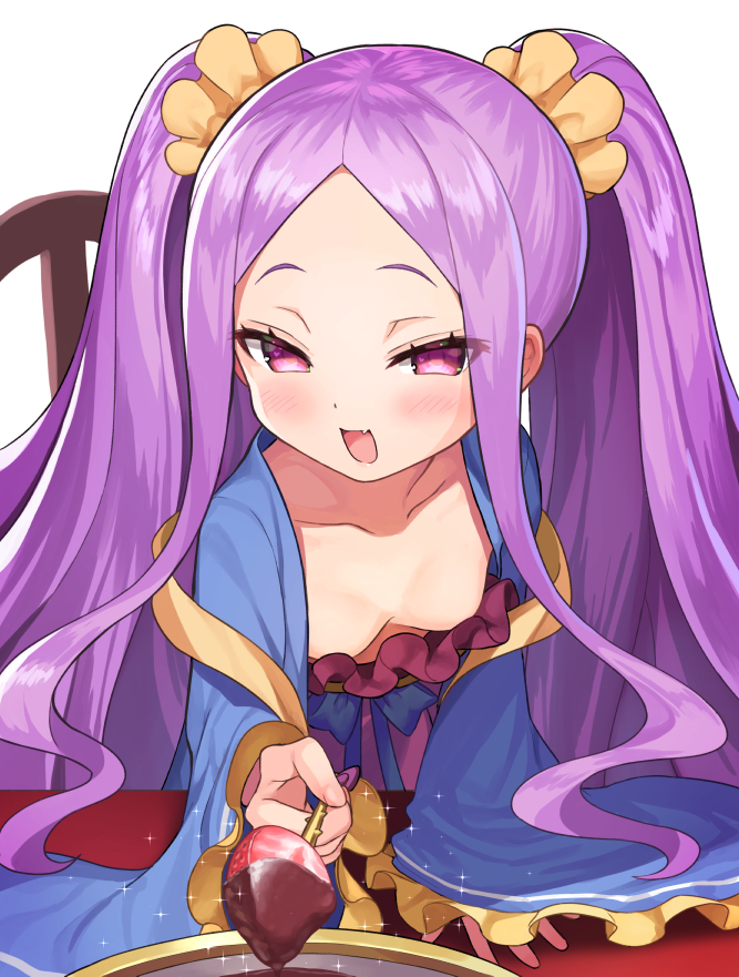 :d bangs blush breasts chinese_clothes chocolate collarbone commentary_request downblouse fang fate/grand_order fate_(series) food fruit hanfu long_hair long_sleeves looking_at_viewer matanonki open_mouth orange_scrunchie parted_bangs purple_eyes purple_hair scrunchie small_breasts smile solo strawberry twintails valentine very_long_hair wide_sleeves wu_zetian_(fate/grand_order)