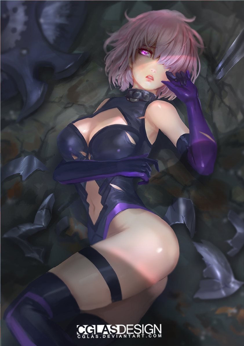 artist_name ass black_legwear breast_lift breasts cglas elbow_gloves fate/grand_order fate_(series) feet_out_of_frame gloves hair_over_one_eye hand_up large_breasts lying mash_kyrielight navel on_back on_floor parted_lips planted_weapon purple_eyes purple_gloves solo thigh_strap watermark weapon web_address