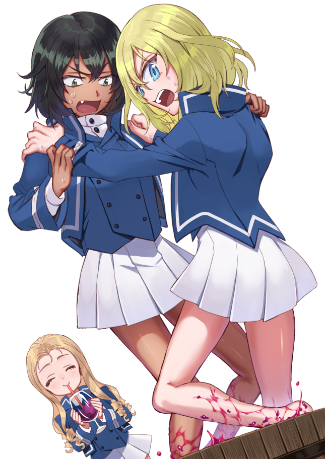 alcohol andou_(girls_und_panzer) arm_grab bangs barefoot bc_freedom_school_uniform black_hair blonde_hair blue_eyes blue_jacket blue_vest brown_eyes closed_mouth commentary_request cup dark_skin dress_shirt drinking drinking_glass drinking_straw dutch_angle facing_viewer fang girls_und_panzer grape_stomping high_collar holding jacket long_hair long_sleeves looking_at_viewer looking_back marie_(girls_und_panzer) medium_hair miniskirt multiple_girls open_mouth oshida_(girls_und_panzer) pleated_skirt shirt shoulder_grab shutou_mq simple_background skirt smile standing sweatdrop v-shaped_eyebrows vest white_background white_shirt white_skirt wine wine_glass