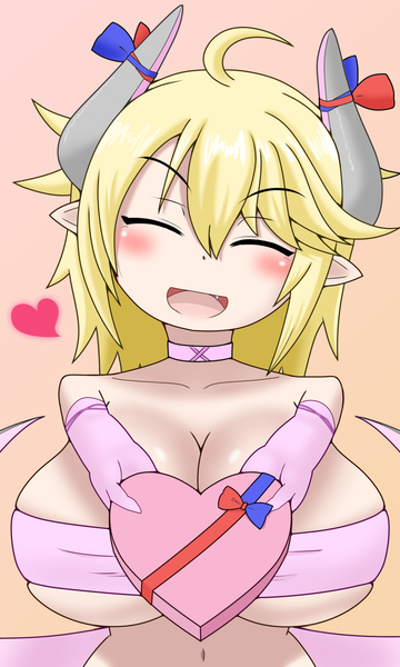 1girl blonde_hair blush blush_stickers breasts cleavage collar demon_girl demon_wings elbow_gloves fang gloves huge_breasts imp imp_(mon-musu_quest!) mon-musu_quest! mon-musu_quest:_paradox monster_girl open_mouth pointy_ears ribbon short_hair solo succubus valentine white_gloves wings yoshunor