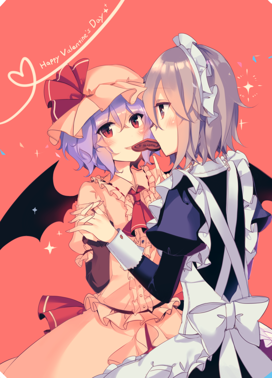 apron blue_eyes blue_hair blush chocolate chocolate_heart commentary_request eye_contact food_in_mouth frilled_apron frills hands_together happy_valentine hat hat_ribbon heart heart_of_string highres izayoi_sakuya juliet_sleeves kirero long_sleeves looking_at_another maid_apron maid_headdress mob_cap multiple_girls pink_hat puffy_sleeves red_background red_eyes red_ribbon remilia_scarlet ribbon shared_food short_hair silver_hair simple_background sparkle touhou valentine yuri