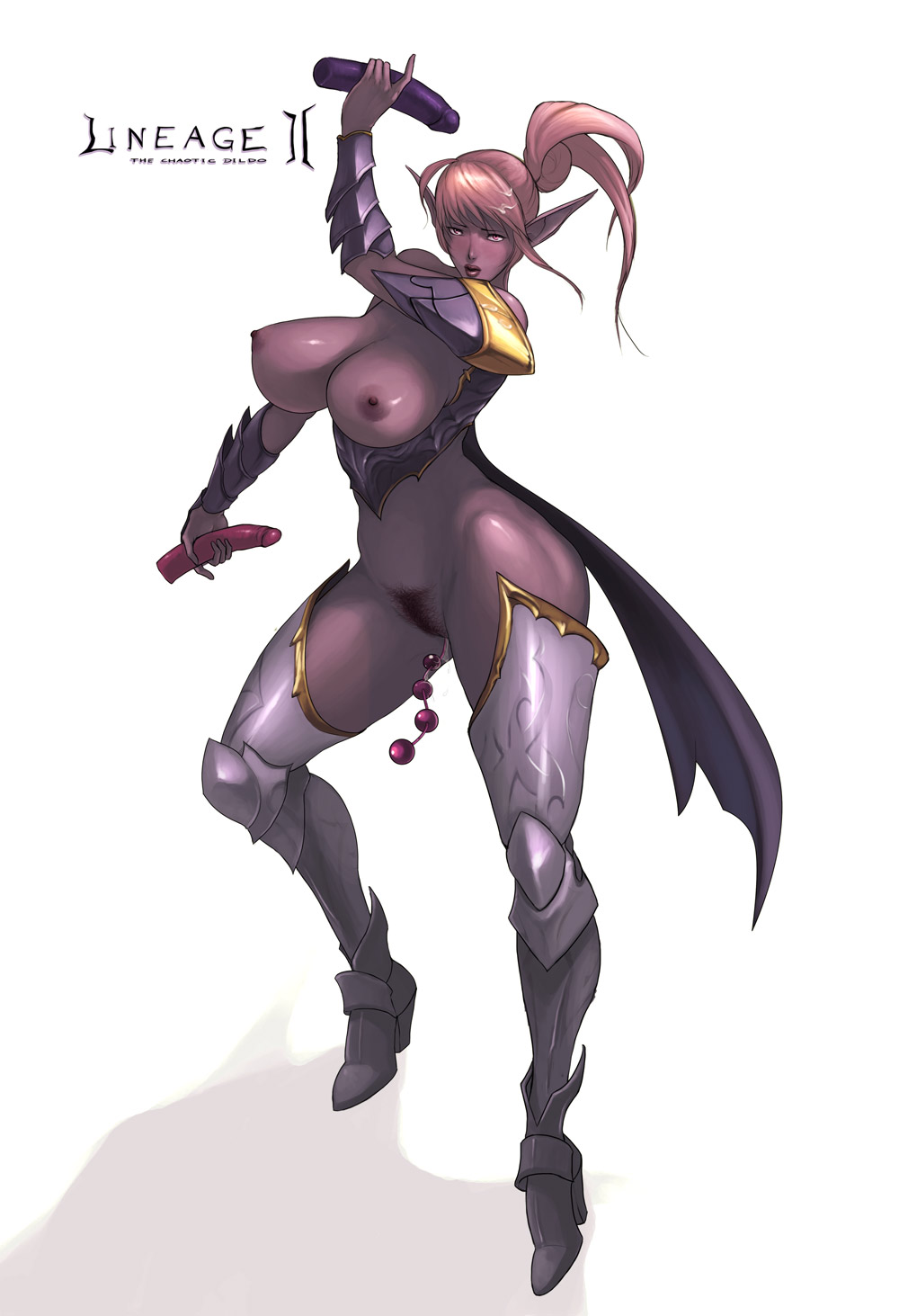 1girl anal_beads armor blush breasts dark_elf dildo elf female highres legs lineage lineage_2 lineage_ii nipples pointy_ears ponytail pubic_hair pussy rennes simple_background solo uncensored