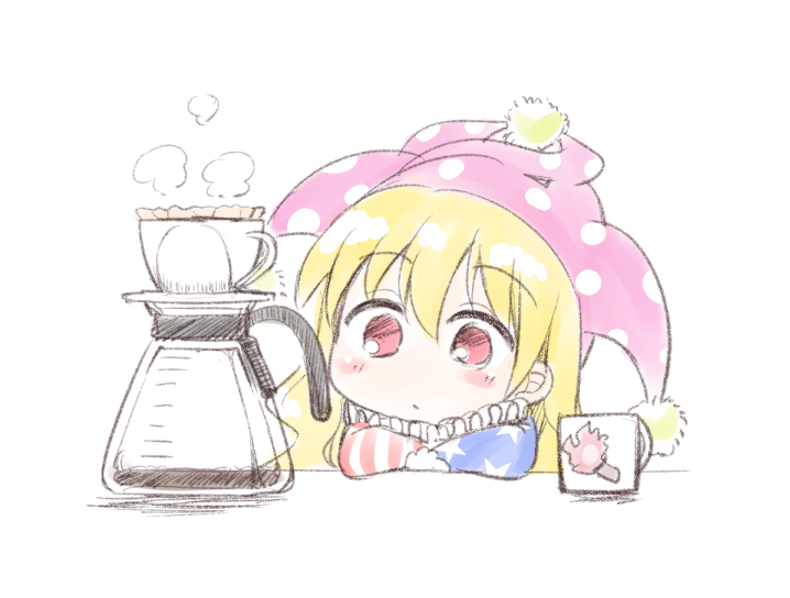 1girl american_flag american_flag_print arm_rest blonde_hair clownpiece coffee_filter coffee_maker_(object) cup flag_print hat jester_cap long_hair neck_ruff nibi polka_dot purple_hat red_eyes simple_background solo torch touhou white_background