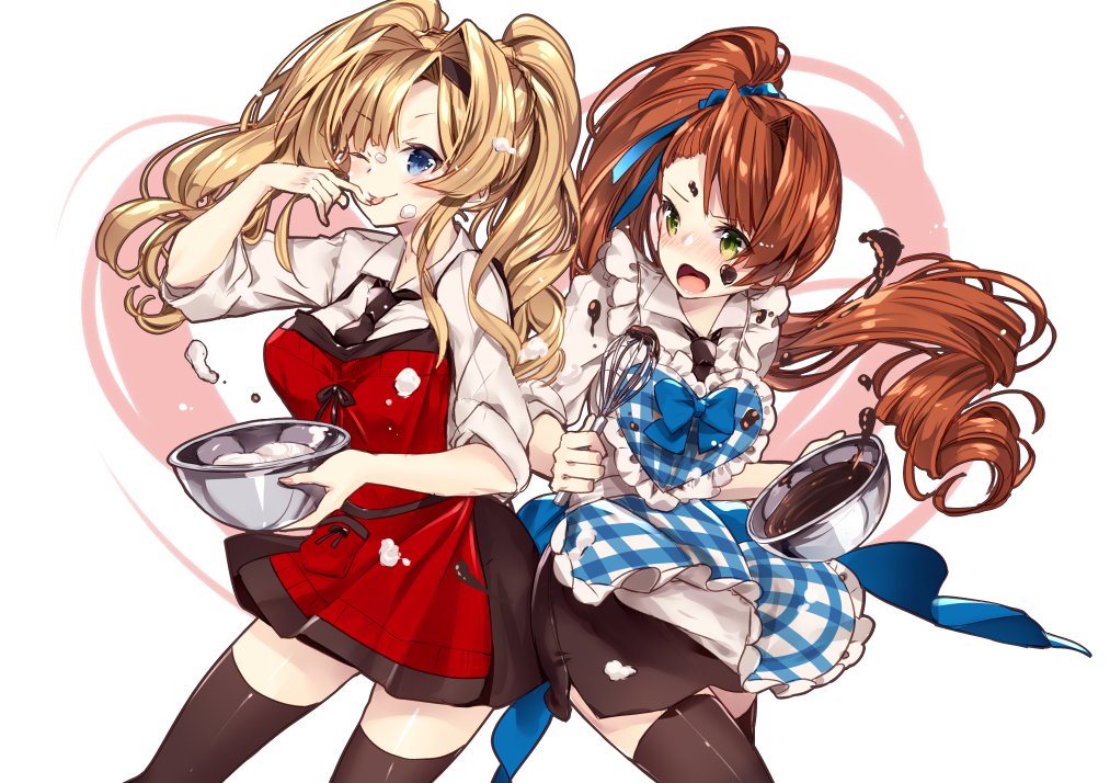 2girls ;p apron bangs beatrix_(granblue_fantasy) black_legwear black_skirt blonde_hair blue_apron blue_eyes blush bowl brown_hair chocolate chocolate_on_face closed_mouth collared_shirt commentary_request cream cream_on_face eyebrows_visible_through_hair food food_on_face granblue_fantasy green_eyes heart holding holding_bowl long_hair mixing_bowl multiple_girls nose_blush one_eye_closed plaid plaid_apron red_apron shirt side_ponytail skirt sleeves_rolled_up smile thighhighs tongue tongue_out twintails very_long_hair white_background white_shirt zeta_(granblue_fantasy)