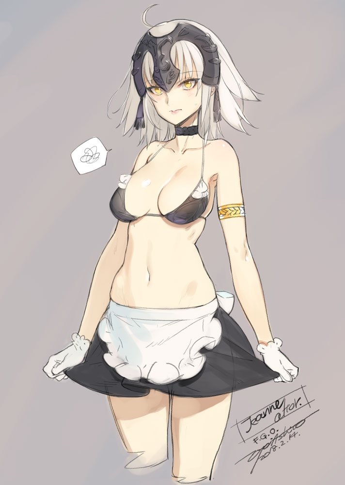 ahoge alternate_costume armlet breasts choker commentary_request enmaided fate/grand_order fate_(series) gloves headpiece jeanne_d'arc_(alter)_(fate) jeanne_d'arc_(fate)_(all) maid medium_breasts navel ooyari_ashito short_hair silver_hair sketch solo spoken_squiggle squiggle standing white_gloves yellow_eyes