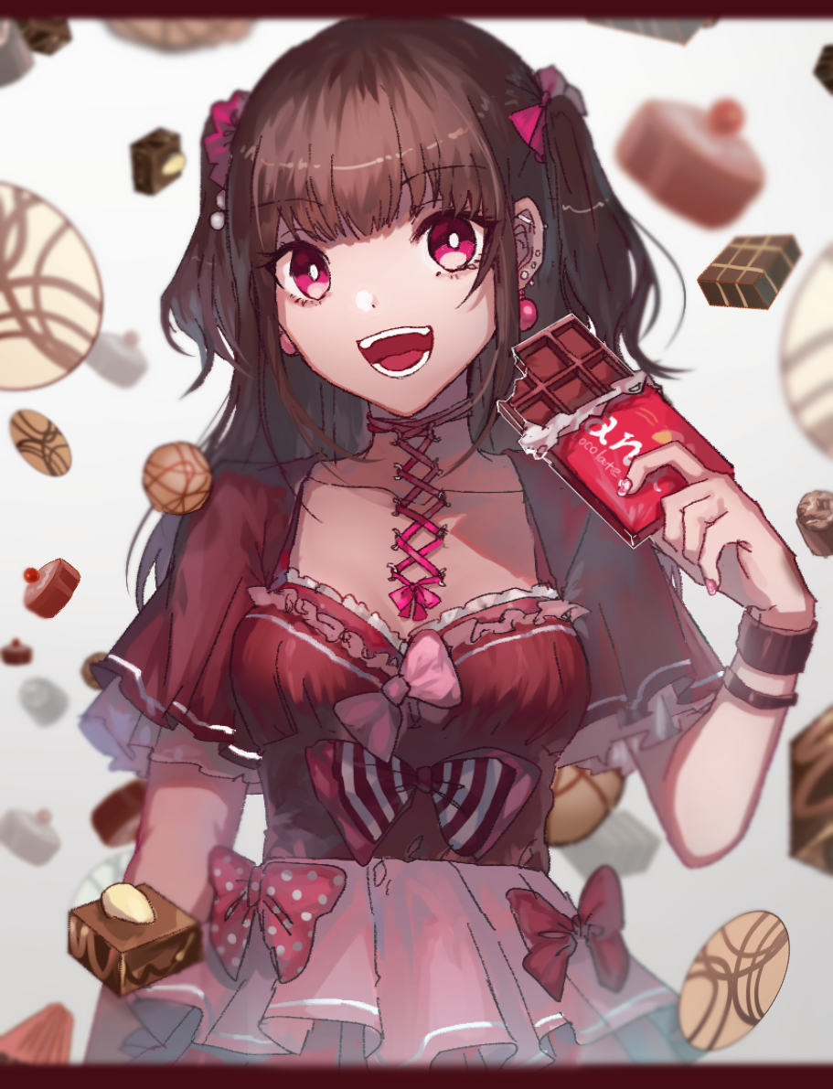 :d arm_at_side bad_id bad_pixiv_id bangs blunt_bangs blurry bow breasts bright_pupils brown_hair chocolate chocolate_bar clavicle_piercing cleavage collarbone corset_piercing danjou_sora dress ear_piercing earrings eyebrows_visible_through_hair food frilled_sleeves frills gradient gradient_background grey_background hair_bow holding holding_food jewelry letterboxed long_hair looking_at_viewer medium_breasts nail_polish open_mouth original piercing pink_bow pink_eyes pink_nails red_dress short_sleeves smile solo teeth two_side_up upper_body wristband