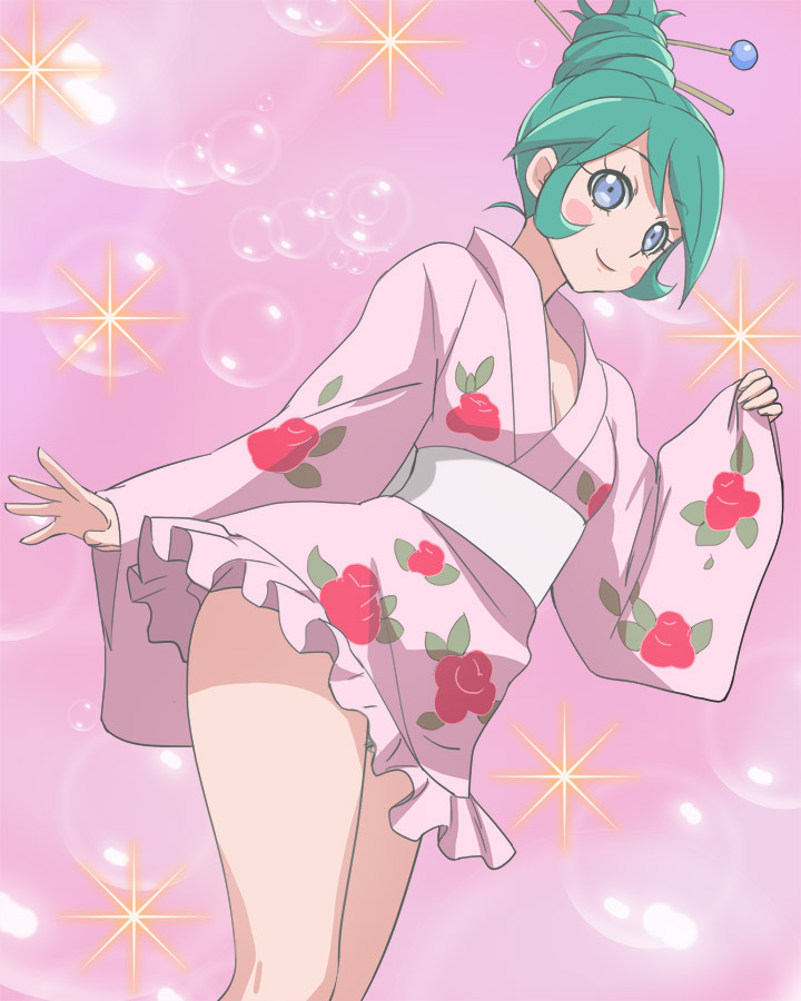 alternate_hairstyle blue_eyes blush_stickers breasts calen_(time_bokan) cleavage closed_mouth green_hair hair_ornament hair_stick haruyama_kazunori japanese_clothes kimono looking_at_viewer obi pink_background sash short_hair small_breasts smile solo sparkle standing time_bokan_(series) time_bokan_24 wide_sleeves