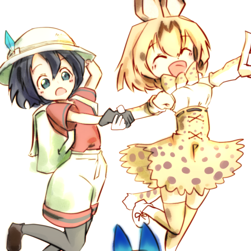 370ml animal_ears backpack bag bare_shoulders blush bow bowtie bucket_hat feathers gloves hand_on_headwear hat holding_hands kaban_(kemono_friends) kemono_friends multicolored_hair multiple_girls open_mouth pantyhose pantyhose_under_shorts pulled_by_another serval_(kemono_friends) serval_ears serval_print serval_tail shirt short_hair short_sleeves shorts skirt smile standing standing_on_one_leg t-shirt tail thighhighs