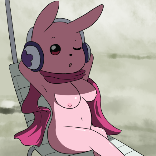 anthro areola breasts chair cutemon digimon female fur headphones lagomorph looking_at_viewer mammal navel nipples nude one_eye_closed open_mouth pink_eyes pink_fur scarf sitting solo unknown_artist