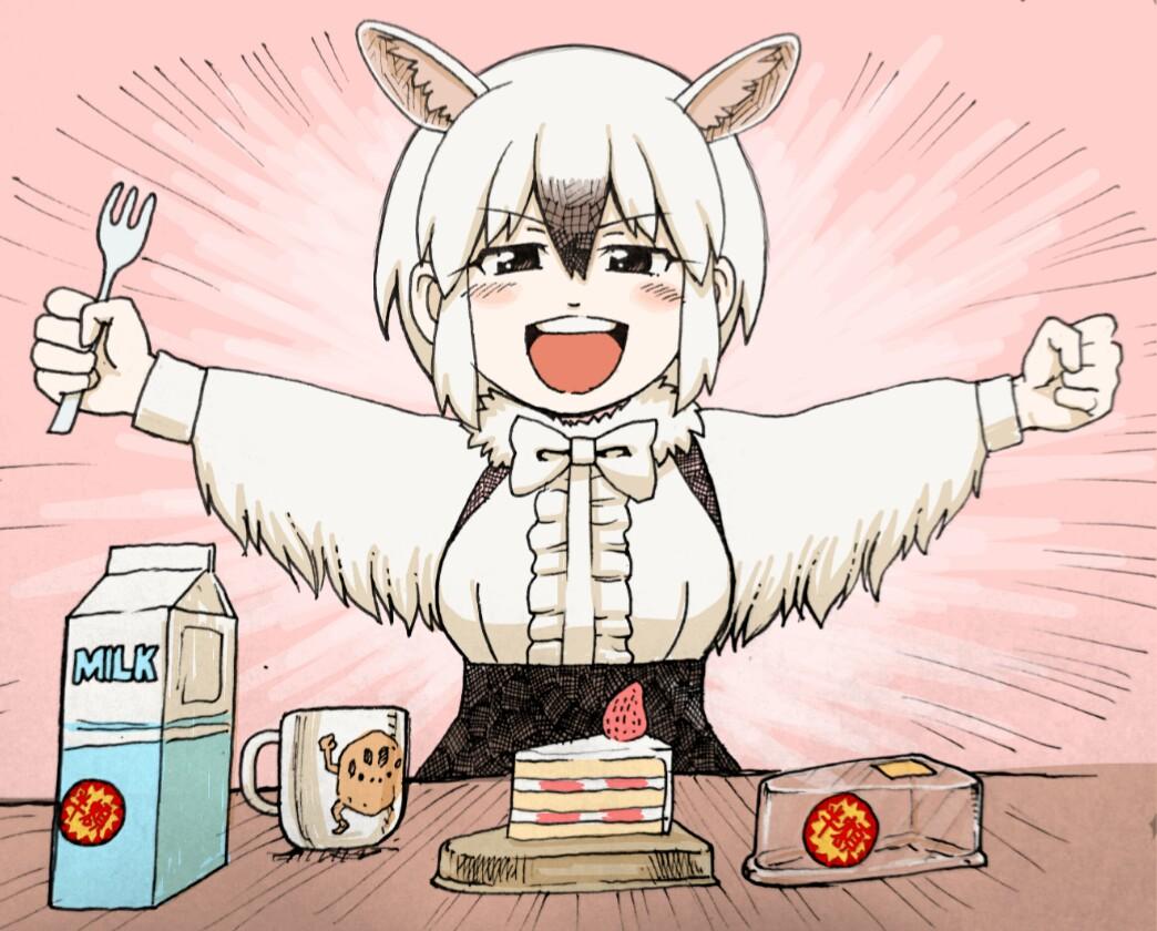 :d animal_ears black_eyes black_hair blush bow bowtie breasts cake clenched_hands commentary cup emphasis_lines extra_ears eyebrows eyebrows_visible_through_hair eyelashes food fork fruit fur_collar holding holding_fork kemono_friends kouson_q long_sleeves looking_at_viewer medium_breasts milk milk_carton mug multicolored_hair open_mouth outstretched_arms pink_background short_hair sleeve_cuffs smile solo southern_tamandua_(kemono_friends) strawberry table tamandua_ears teeth translated two-tone_hair upper_body v-shaped_eyebrows white_bow white_hair white_neckwear
