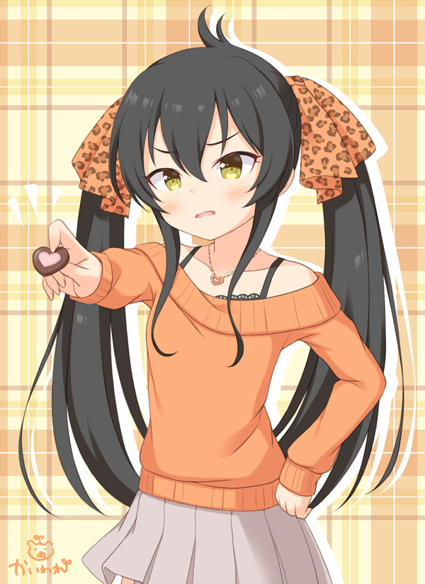 ahoge animal_print bangs bare_shoulders black_hair blush chocolate chocolate_heart collarbone commentary_request eyebrows_visible_through_hair food grey_skirt hair_between_eyes hair_ribbon hand_on_hip head_tilt heart heart_necklace holding holding_food idolmaster idolmaster_cinderella_girls idolmaster_cinderella_girls_starlight_stage kaiware-san leopard_print long_hair long_sleeves looking_at_viewer matoba_risa off_shoulder orange_sweater parted_lips plaid plaid_background pleated_skirt print_ribbon ribbon sidelocks signature skirt sleeves_past_wrists solo sweater twintails very_long_hair yellow_eyes