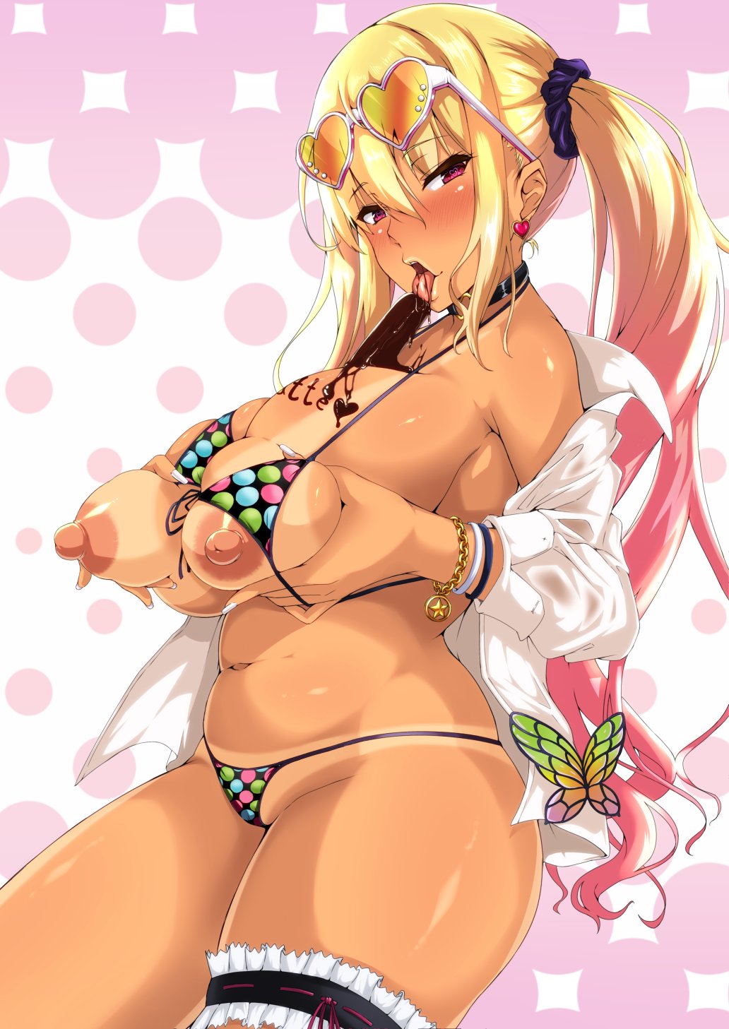 1girl bangs bikini blonde_hair blush body_writing bracelet breast_hold breast_squeeze breasts butterfly chocolate choker curvy dress_shirt earrings erect_nipples eyebrows_visible_through_hair garters gradient_hair ground_zero hair_between_eyes heart heart-shaped_pupils heart-shaped_sunglasses licking long_hair looking_at_viewer nail_polish pink_hair plump polka_dot_bikini red_eyes scrunchie shatte_judevesten shiny_skin sidelocks solo sunglasses super_robot_wars super_robot_wars_x-omega tan tanline tongue_out twintails upper_body valentine