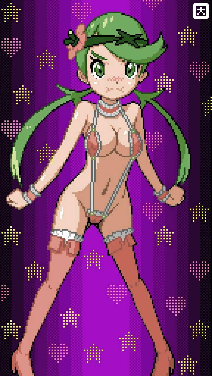 :i ass_visible_through_thighs bangs bare_shoulders blush boots breasts cleavage clenched_hands flower frilled_boots frills gradient gradient_background green_eyes green_hair groin hair_flower hair_ornament headband highres homu_c legs_apart long_hair looking_at_viewer low_twintails mao_(pokemon) medium_breasts navel neck_garter nose_blush pigeon-toed pink_footwear pink_swimsuit pixel_art pokemon pokemon_(game) pokemon_sm pout purple_background shiny shiny_skin slingshot_swimsuit solo stomach swept_bangs swimsuit thigh_boots thighhighs twintails v-shaped_eyebrows wrist_cuffs
