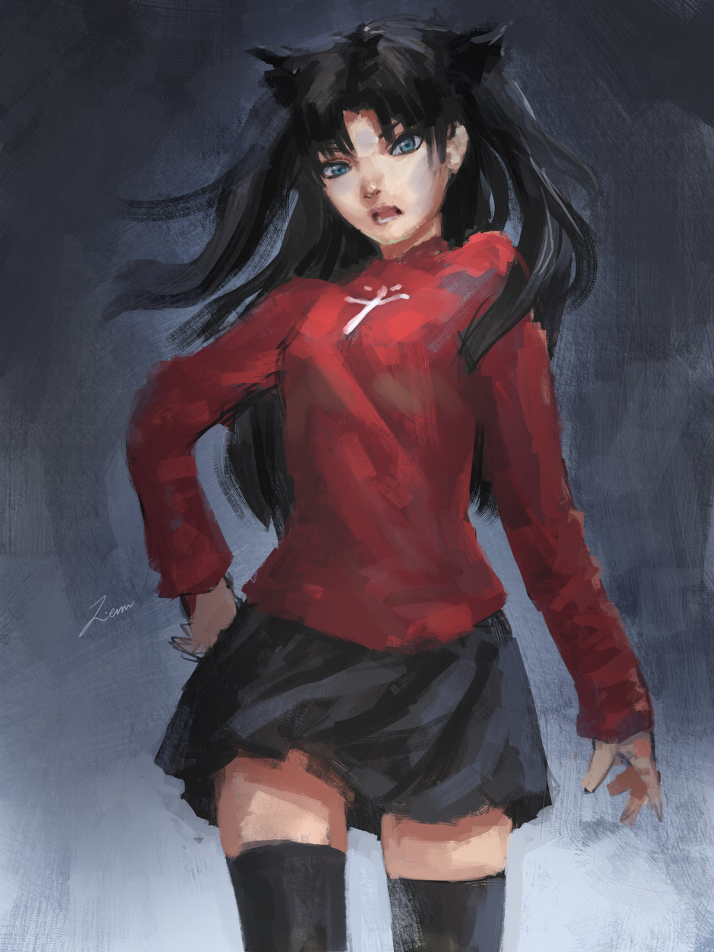 1girl artist_name black_hair black_legwear black_skirt blue_eyes disgust fate/stay_night fate_(series) highres long_sleeves looking_at_viewer open_mouth signature skirt solo thighhighs tohsaka_rin two_side_up zettai_ryouiki zienu