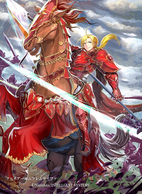 armor armored_boots blonde_hair blue_eyes boots breastplate cloud cloudy_sky company_name day faceless faceless_male fire_emblem fire_emblem:_seima_no_kouseki fire_emblem_cipher forde gauntlets gloves horse long_hair low_ponytail male_focus official_art pauldrons polearm rain sky solo_focus spear sword teeth weapon