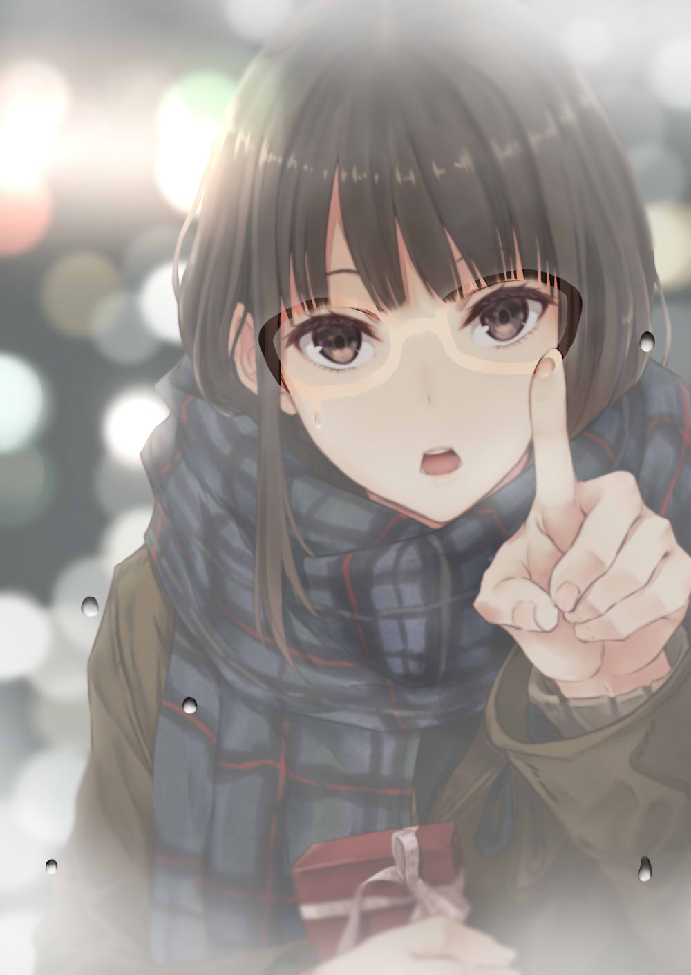 :o bangs blue_scarf blunt_bangs blurry blurry_background bokeh box brown_coat brown_eyes brown_hair coat depth_of_field gift gift_box highres holding holding_box holding_gift long_hair long_sleeves looking_at_viewer nabeshima_tetsuhiro open_mouth original plaid plaid_scarf scarf shiny shiny_hair solo upper_body water_drop window window_writing