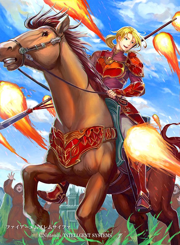 armor armored_boots blonde_hair blue_eyes boots breastplate company_name day faceless faceless_male fire fire_emblem fire_emblem:_seima_no_kouseki fire_emblem_cipher forde grass hood horse long_hair low_ponytail male_focus official_art pauldrons polearm sky solo_focus spear teeth vambraces weapon