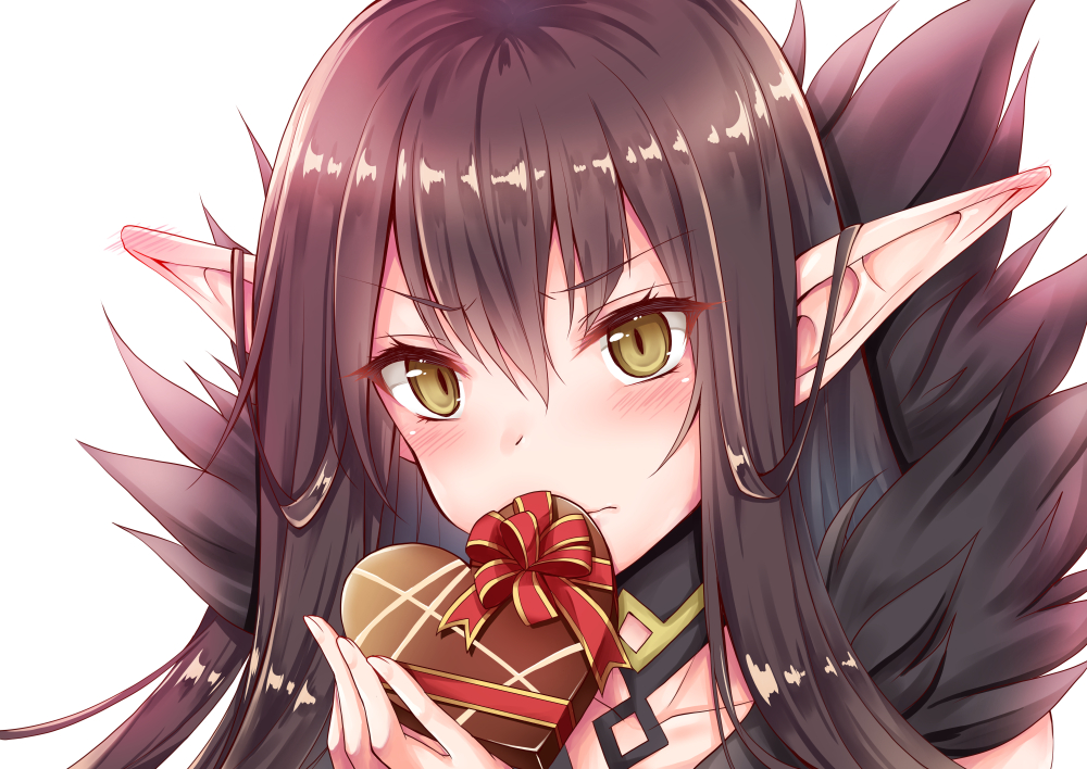 &gt;:( bangs black_choker blonde_hair blush box brown_hair chocolate chocolate_heart choker closed_mouth collarbone ear_blush eyebrows_visible_through_hair eyelashes face fate/grand_order fate_(series) food fur_trim geko heart heart-shaped_box holding holding_food long_hair looking_at_viewer pointy_ears red_ribbon ribbon semiramis_(fate) shiny shiny_hair simple_background solo straight_hair upper_body v-shaped_eyebrows white_background
