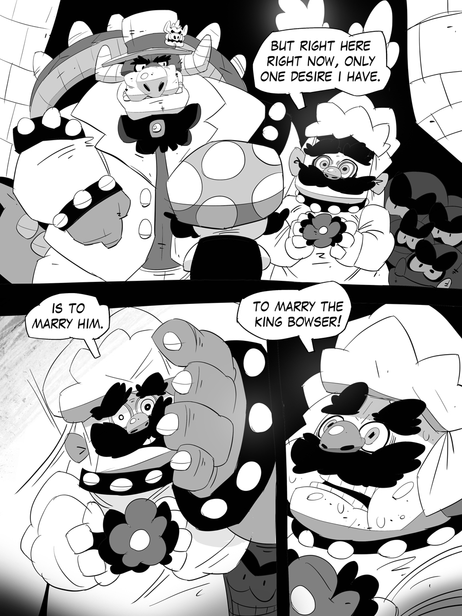 2018 amphibian bowser clothed clothing comic corruption crossdressing english_text facial_hair fully_clothed galgard goomba hand_on_head hat human larger_male male male/male mammal mario mario_bros monochrome mustache nintendo size_difference smaller_male speech_bubble spiked_armlet suit text toad video_games wedding wedding_gown