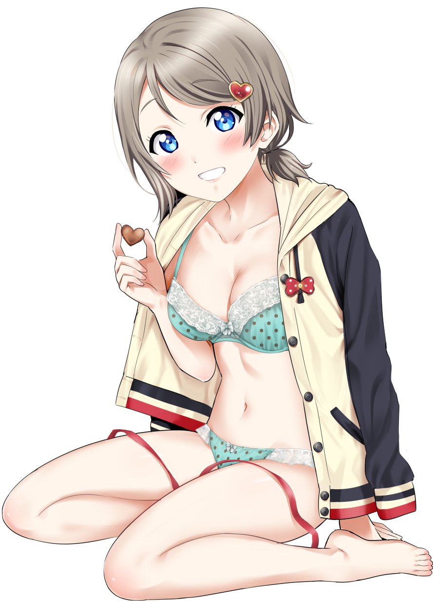 alternate_hairstyle aqua_bra aqua_panties arm_support barefoot blue_eyes blush bra breasts brown_hair cleavage commentary_request eyebrows_visible_through_hair full_body grin hair_ornament heart heart_hair_ornament highres hood hooded_jacket hoodie jacket jacket_on_shoulders love_live! love_live!_sunshine!! medium_breasts navel open_clothes open_hoodie panties polka_dot polka_dot_bra polka_dot_panties rozen5 short_hair short_ponytail simple_background sitting smile solo underwear watanabe_you white_background yokozuwari