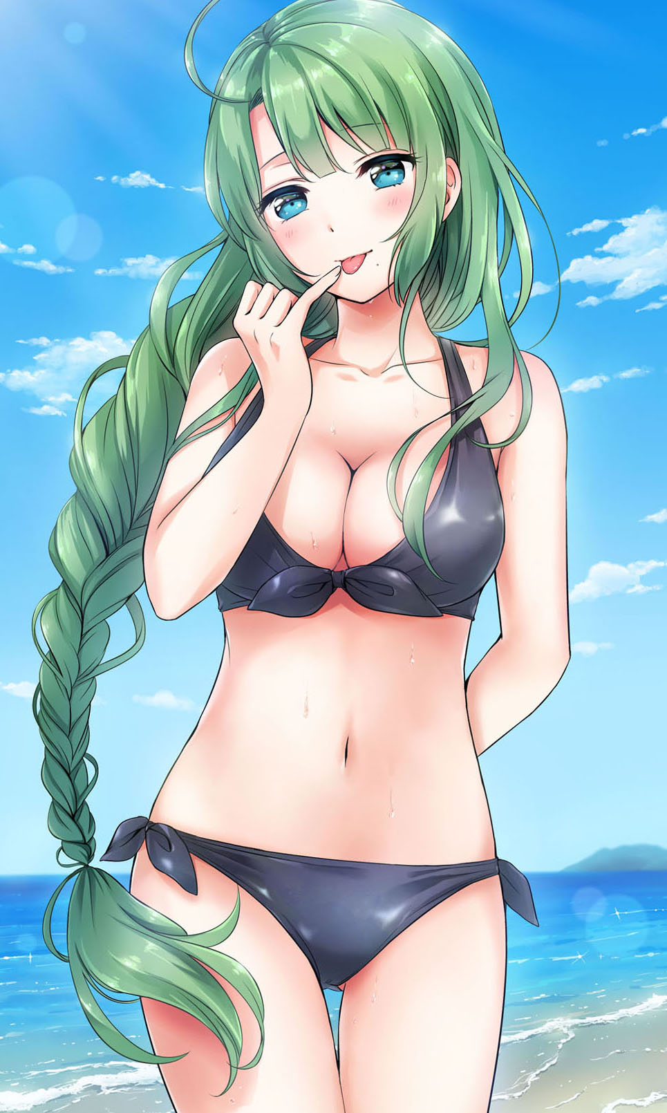 :p ahoge ass_visible_through_thighs bare_arms bare_shoulders beach bikini black_bikini black_ribbon blue_sky blush braid breasts cleavage closed_mouth cloud collarbone cowboy_shot day finger_to_mouth front-tie_bikini front-tie_top head_tilt highres horizon kantai_collection lens_flare long_hair looking_at_viewer medium_breasts mole mole_under_mouth nanashiki_fuuka navel ocean pinky_to_mouth ribbon shiny shiny_hair shore single_braid sky smile solo sparkle standing swimsuit thigh_gap tongue tongue_out very_long_hair water water_drop yuugumo_(kantai_collection)