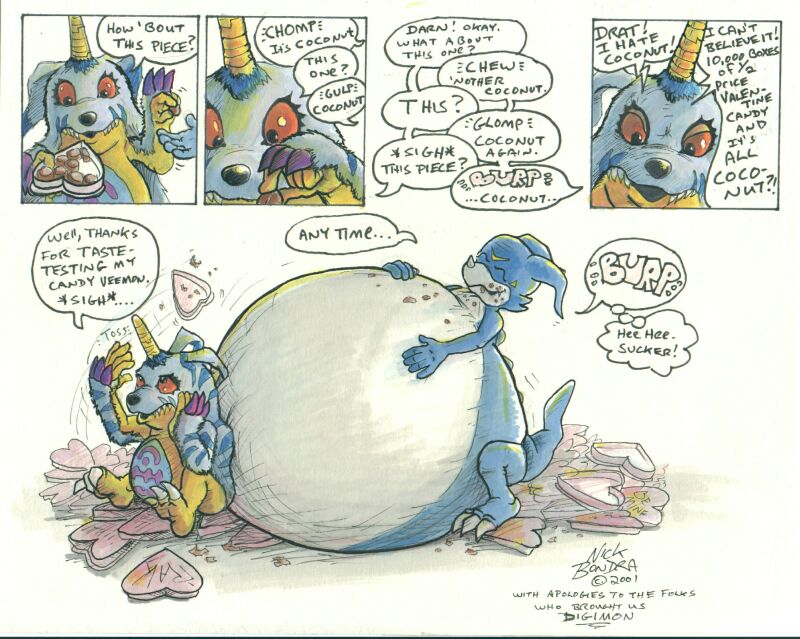 belly big_belly blue_fur blue_skin comic digimon enngligsh_text fur gabumon hands_on_belly holidays horn hyper hyper_belly nick_bondra overweight red_eyes simple_background size_difference text valentine's_day veemon