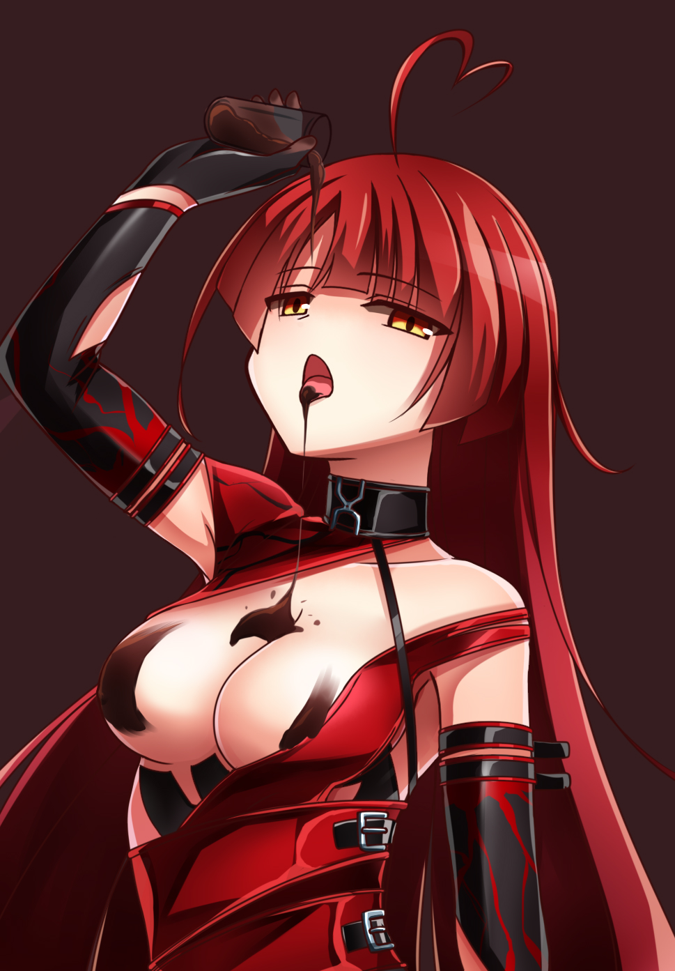 ahoge alice360 bangs black_gloves bloody_queen_(elsword) blunt_bangs breasts brown_background chocolate chocolate_drip chocolate_on_breasts cleavage collarbone elesis_(elsword) elsword glass gloves heart_ahoge highres long_hair looking_at_viewer medium_breasts one_breast_out open_mouth pouring red_hair simple_background solo tongue upper_body yellow_eyes