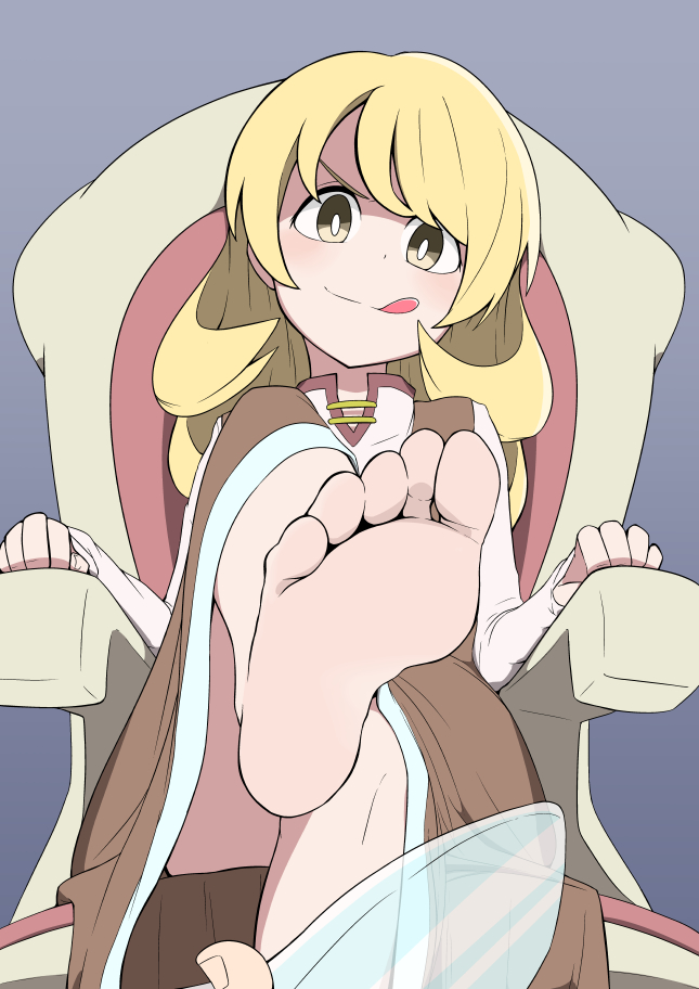 1girl barefoot blonde_hair feet long_hair looking_at_viewer one_leg_raised pov pov_feet salpin sitting soles toes tongue_out yellow_eyes