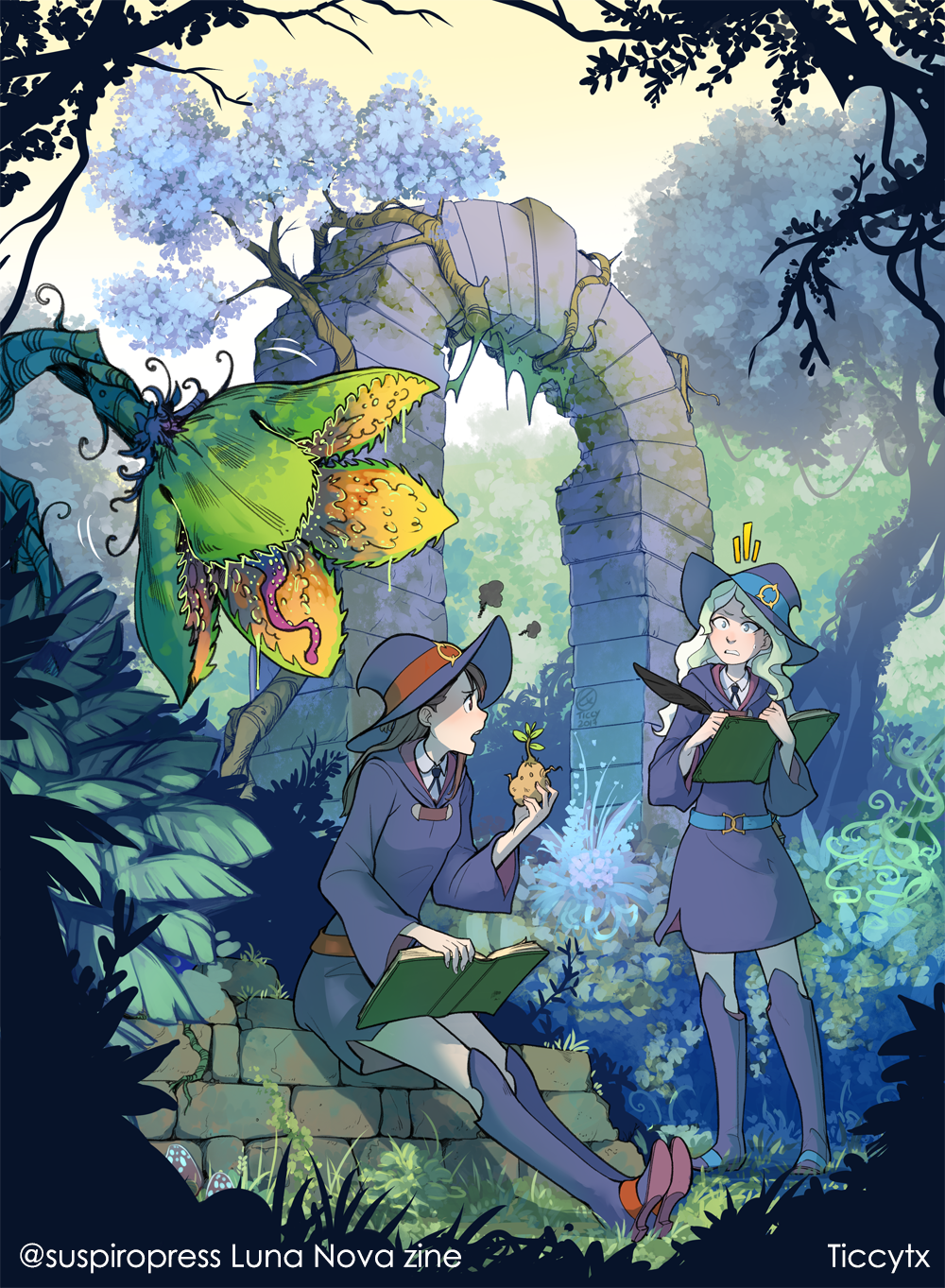arch artist_name belt blonde_hair blue_eyes book boots brown_eyes brown_hair carnivorous_plant commentary diana_cavendish forest grass hat highres holding holding_book jungle kagari_atsuko knee_boots legs_together little_witch_academia long_sleeves looking_at_another multiple_girls nature open_book open_mouth outdoors overgrown plant profile purple_footwear quill robe ruins school_uniform sitting standing surprised talking ticcy tree twitter_username vines wing_collar witch witch_hat writing