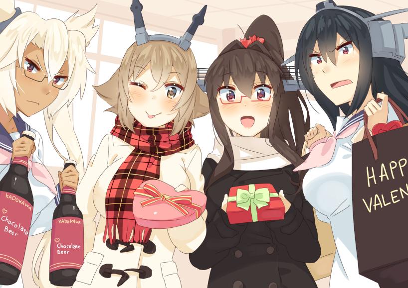 :d alternate_costume bespectacled black_hair blonde_hair box brown_eyes brown_hair commentary_request gift gift_box glasses hair_between_eyes headgear heart-shaped_box holding holding_gift kantai_collection long_hair multiple_girls musashi_(kantai_collection) mutsu_(kantai_collection) nagato_(kantai_collection) one_eye_closed open_mouth plaid plaid_scarf ponytail red-framed_eyewear red_eyes red_scarf scarf short_hair smile tonari_no_kai_keruberosu tongue tongue_out valentine white_scarf yamato_(kantai_collection)