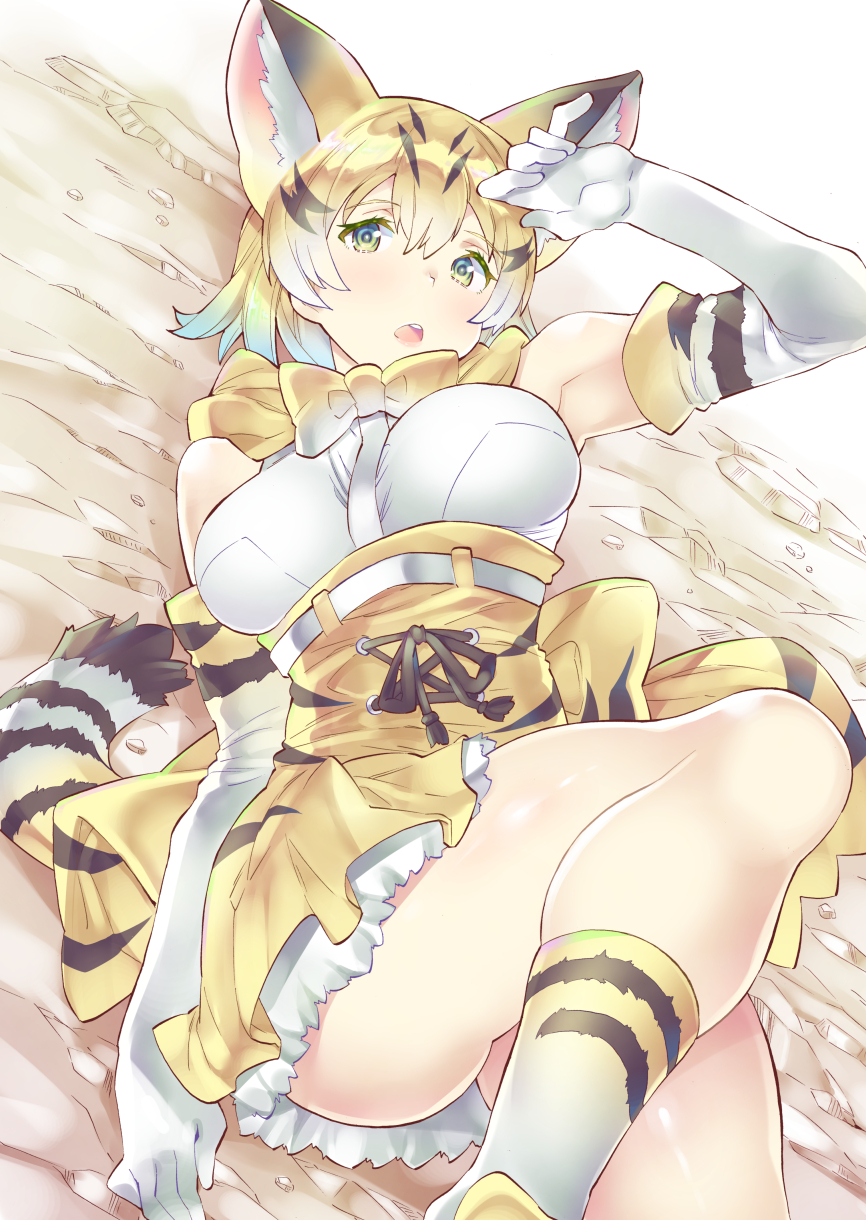 animal_ears ass belt blonde_hair bow bowtie breasts cat_ears cat_tail commentary elbow_gloves eyebrows_visible_through_hair gloves high-waist_skirt highres kemono_friends lace-up legs looking_at_viewer lying medium_breasts miniskirt on_back open_mouth sand_cat_(kemono_friends) short_hair skindentation skirt sleeveless solo striped_tail tail takano_itsuki thighs white_belt white_gloves white_legwear yellow_eyes yellow_neckwear yellow_skirt