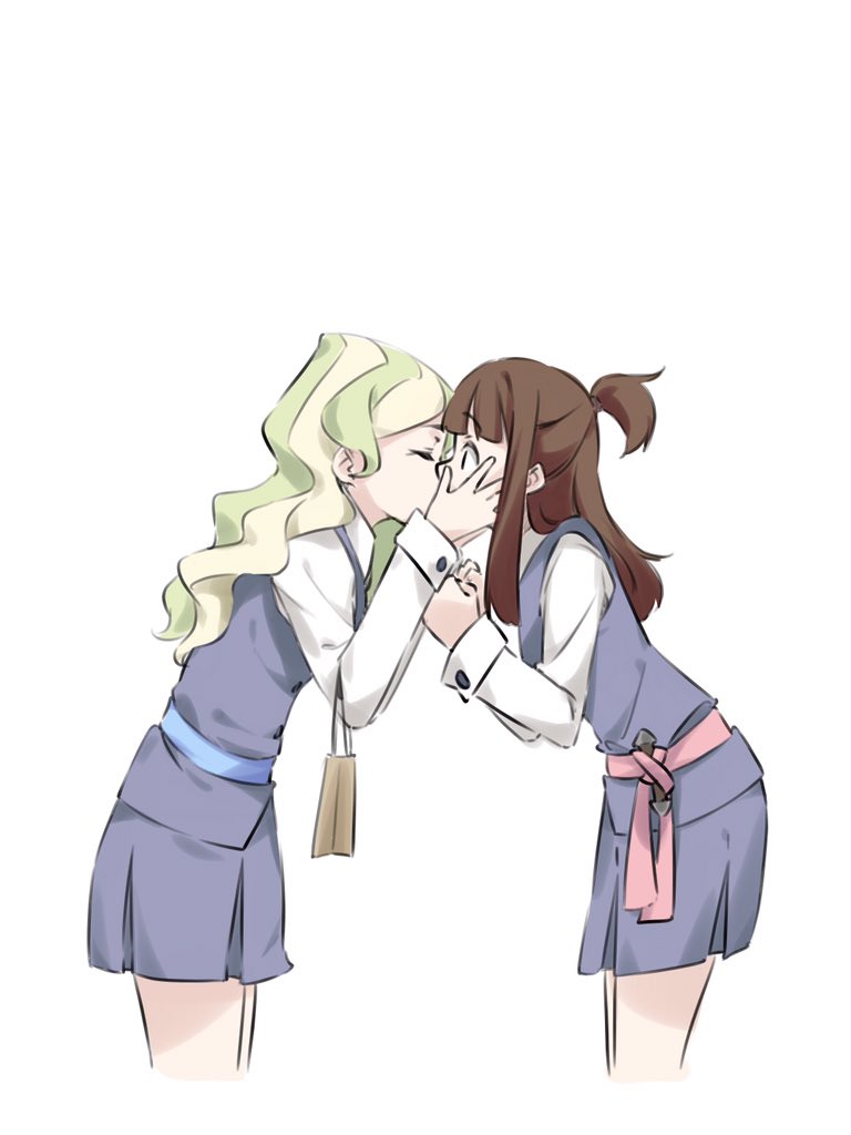 bag blonde_hair brown_eyes brown_hair chocolate commentary diana_cavendish english_commentary hands_on_another's_face kagari_atsuko kiss little_witch_academia multiple_girls seren_lwa shared_food shopping_bag surprise_kiss surprised valentine yuri