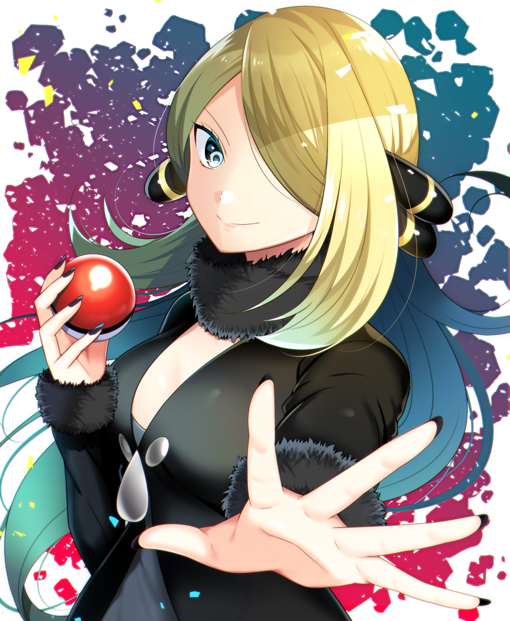 black_nails blonde_hair blue_eyes blue_hair breasts floating_hair hair_over_one_eye highres holding holding_poke_ball long_hair looking_at_viewer medium_breasts multicolored_hair nail_polish outstretched_arm poke_ball poke_ball_(generic) pokemon pokemon_(game) pokemon_dppt shirona_(pokemon) smile solo two-tone_hair upper_body very_long_hair yuihiko