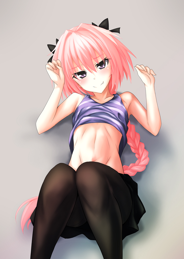 astolfo_(fate) black_bow black_ribbon bow braid commentary_request fang fate/apocrypha fate_(series) hair_intakes hair_ribbon long_braid long_hair looking_at_viewer male_focus midriff multicolored_hair nu_(plastic_eraser) otoko_no_ko pantyhose pink_hair purple_eyes ribbon single_braid streaked_hair