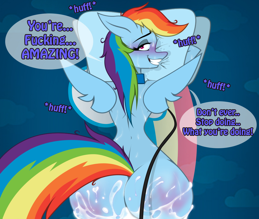 2018 anthro anthrofied bed collar cum dialogue english_text equine female first_person_view friendship_is_magic hair jrvanesbroek leash looking_at_viewer looking_back mammal multicolored_hair my_little_pony panting pegasus pillow rainbow_dash_(mlp) rainbow_hair sweat text wings