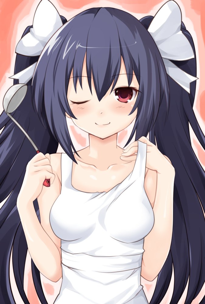 ;) alternate_costume apron bare_shoulders black_hair blush breasts collarbone hair_between_eyes holding iwasi-r ladle long_hair looking_at_viewer medium_breasts neptune_(series) noire one_eye_closed red_eyes ribbon smile solo strap_pull twintails very_long_hair white_apron white_ribbon