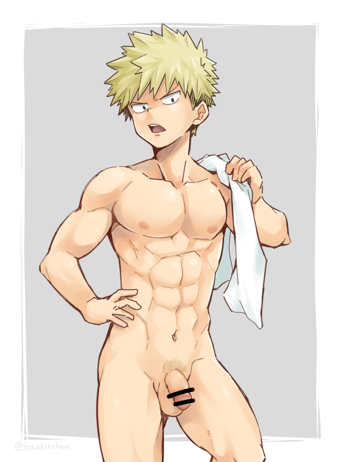 1boy abs blonde_hair boku_no_hero_academia flaccid looking_at_viewer male_focus nude penis solo tagme towel