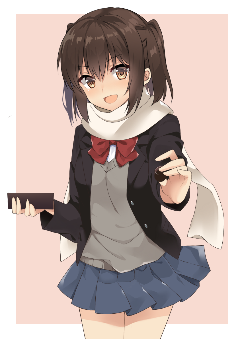 :d alternate_costume blue_skirt brown_eyes brown_hair buttons chocolate food hair_between_eyes holding holding_food kantai_collection long_sleeves open_mouth pleated_skirt red_ribbon ribbon scarf sendai_(kantai_collection) short_hair skirt smile solo two_side_up white_scarf yuzuttan