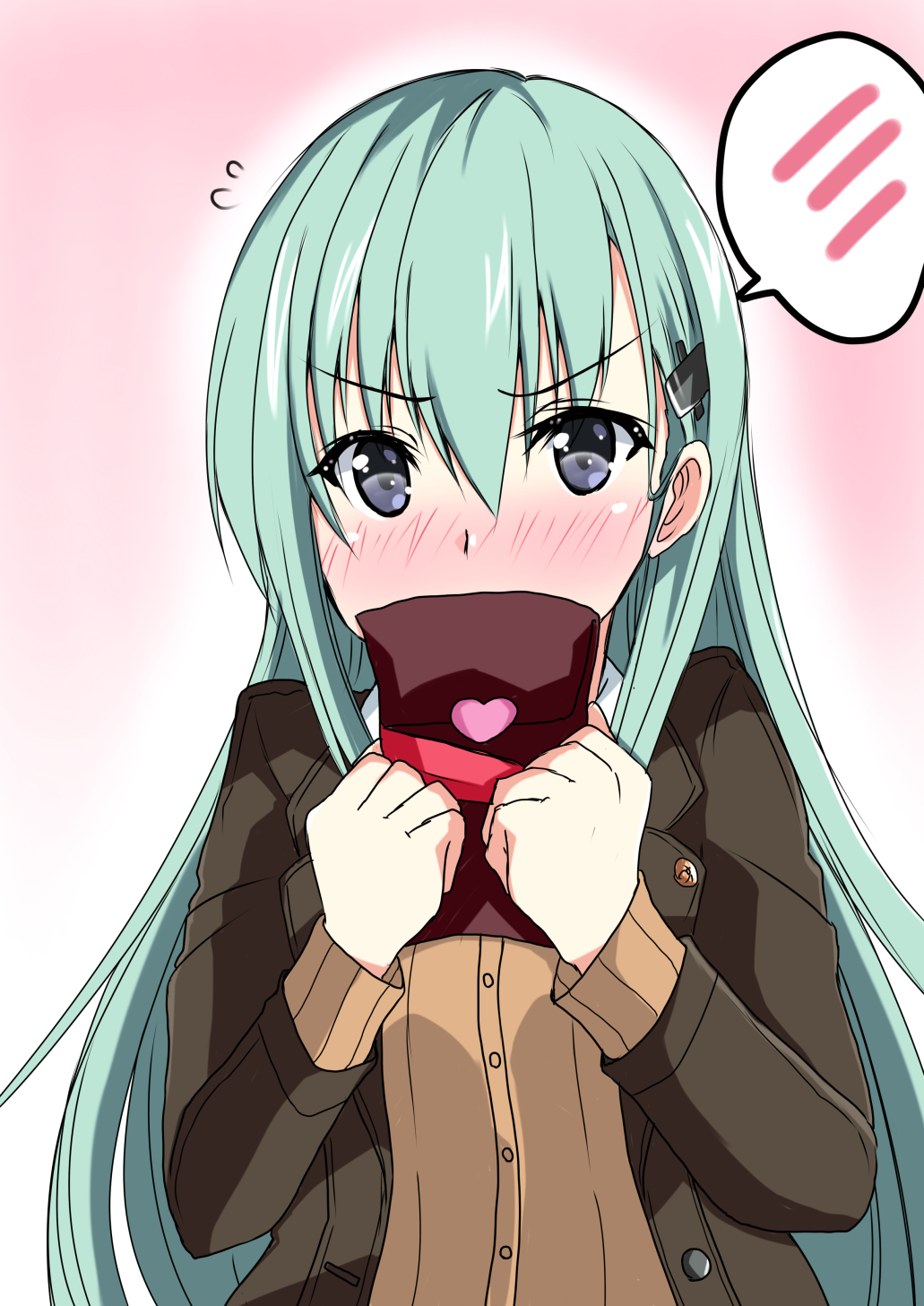 aqua_hair blazer blue_eyes blush brown_jacket chocolate collared_shirt covered_mouth gradient gradient_background hair_ornament hairclip highres hinase_(jet_hearts) jacket kantai_collection long_hair long_sleeves looking_at_viewer nose_blush open_clothes open_jacket pink_background remodel_(kantai_collection) shirt solo suzuya_(kantai_collection) upper_body valentine