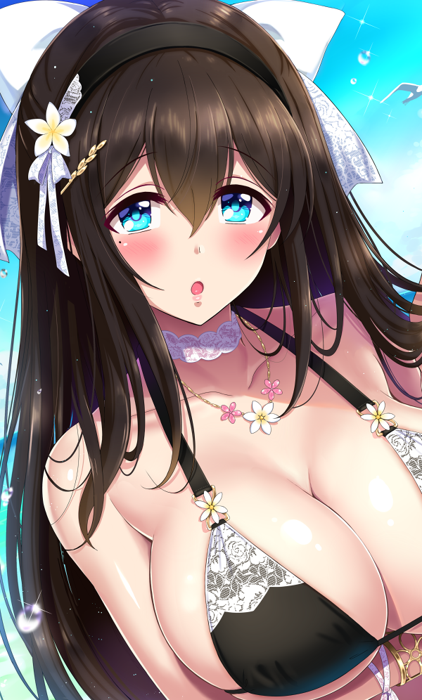 animal bangs bird black_bikini_top black_hair black_hairband blue_eyes blue_sky blush bow breast_hold breasts choker cleavage collarbone day eyebrows_visible_through_hair flower hair_between_eyes hair_bow hair_flower hair_ornament hairband idolmaster idolmaster_cinderella_girls jewel_(the_black_canvas) jewelry large_breasts long_hair looking_at_viewer mole mole_under_eye necklace open_mouth outdoors sagisawa_fumika seagull sky solo upper_body water water_drop white_bow white_choker