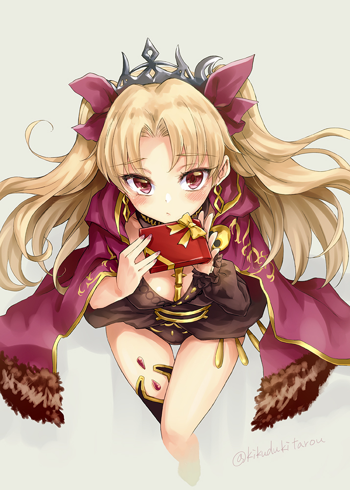 blonde_hair blush cape dress fate/grand_order gift lancer_(ereshkigal) long_hair red_eyes valentines