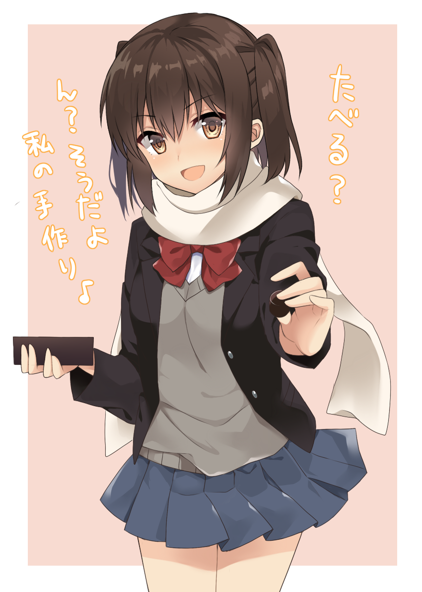 :d alternate_costume blue_skirt brown_eyes brown_hair buttons chocolate food hair_between_eyes holding holding_food kantai_collection long_sleeves open_mouth pleated_skirt red_ribbon ribbon scarf sendai_(kantai_collection) short_hair skirt smile solo translated two_side_up white_scarf yuzuttan