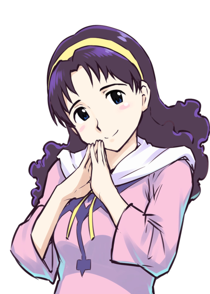 black_hair blue_eyes curly_hair hairband hands_together hood long_hair looking_at_viewer lunar lunar:_the_silver_star mia_ausa pink_shirt shirt simple_background smile solo ueyama_michirou upper_body white_background yellow_hairband