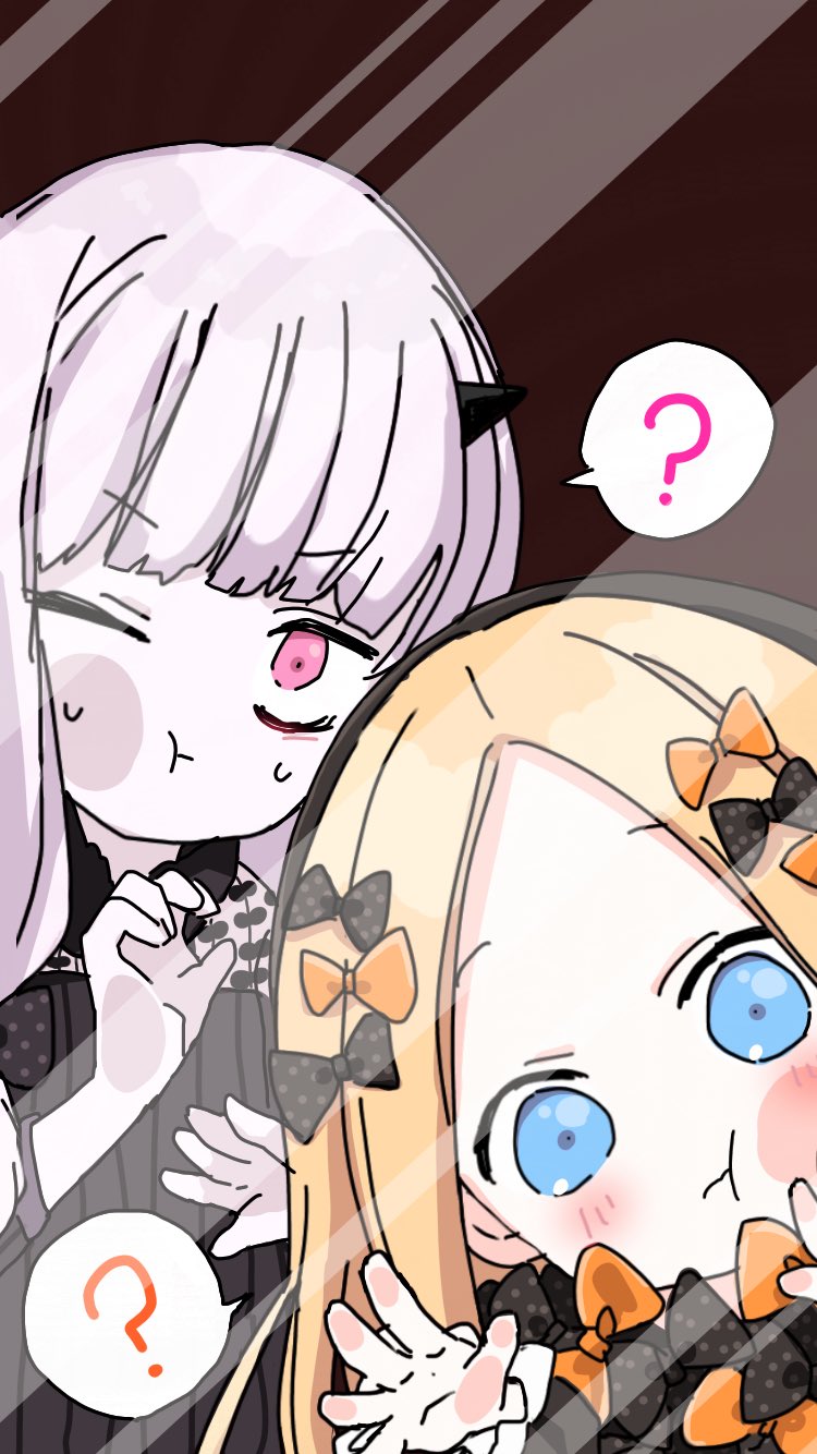 :t ? abigail_williams_(fate/grand_order) against_glass bangs black_bow black_dress black_hat blonde_hair blue_eyes blush bow closed_mouth commentary_request dress eyebrows_visible_through_hair fate/grand_order fate_(series) forehead hair_bow hat highres horn lavinia_whateley_(fate/grand_order) long_sleeves multiple_girls one_eye_closed orange_bow parted_bangs pink_eyes polka_dot polka_dot_bow silver_hair sofra spoken_question_mark sweat