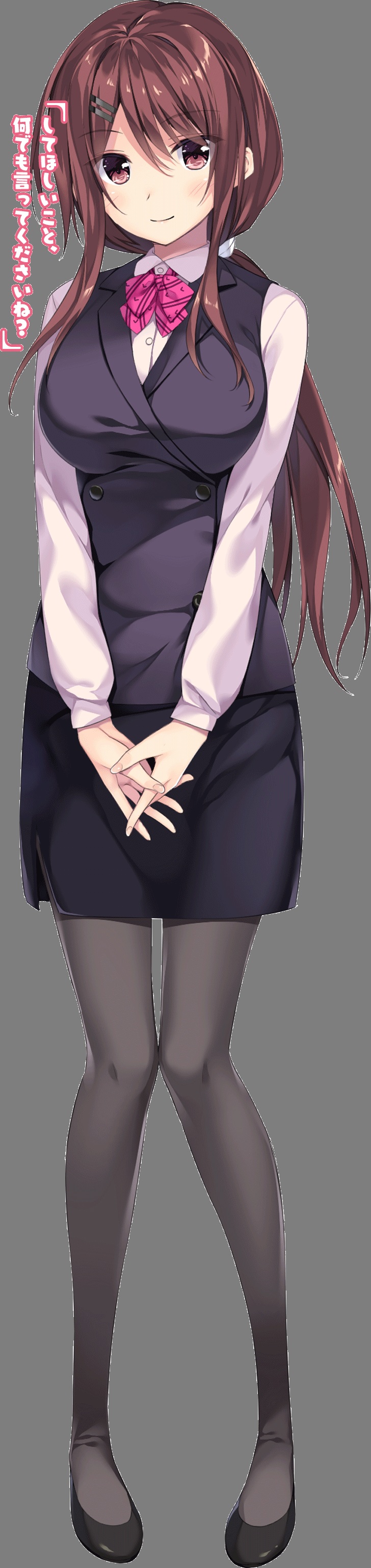 absurdres bow brown_eyes brown_hair business_suit formal hair_ornament hairclip highres image_sample long_image oryou pantyhose shoes skirt solo suit tall_image yandere_sample