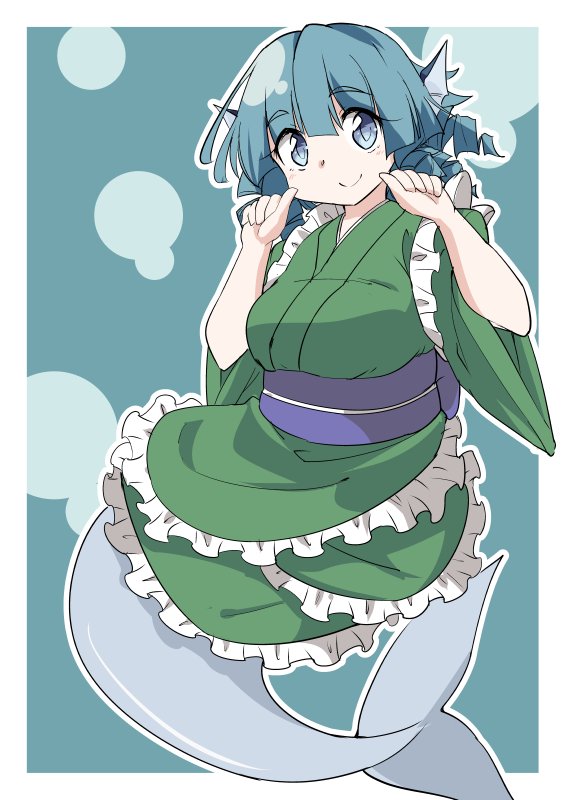 blue_eyes blue_hair closed_mouth commentary_request drill_hair frills full_body green_kimono head_fins japanese_clothes kimono layered_clothing looking_at_viewer mermaid moja_(moja4192) monster_girl obi sash smile solo touhou two-tone_background wakasagihime wide_sleeves