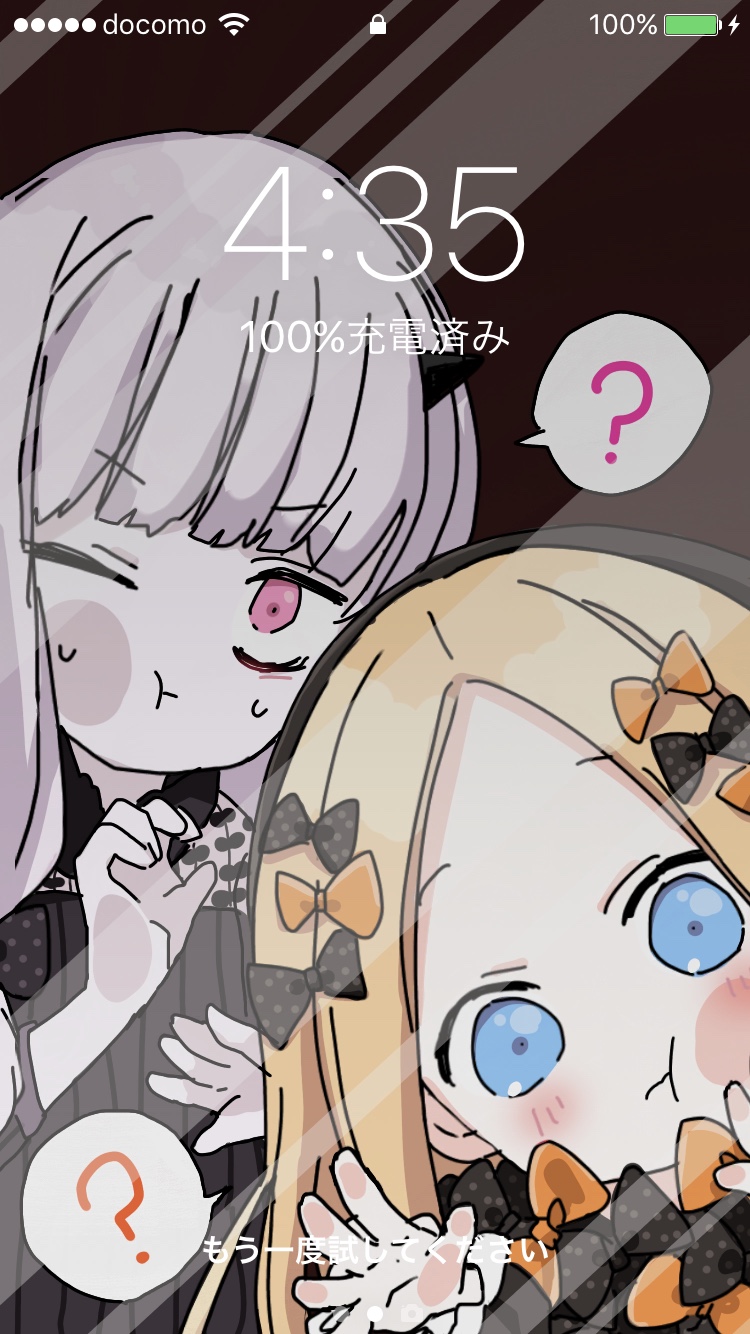 :t ? abigail_williams_(fate/grand_order) against_glass bangs black_bow black_dress black_hat blonde_hair blue_eyes blush bow closed_mouth dress eyebrows_visible_through_hair fate/grand_order fate_(series) forehead hair_bow hat highres horn lavinia_whateley_(fate/grand_order) long_sleeves multiple_girls one_eye_closed orange_bow parted_bangs phone_screen pink_eyes polka_dot polka_dot_bow silver_hair sofra spoken_question_mark sweat