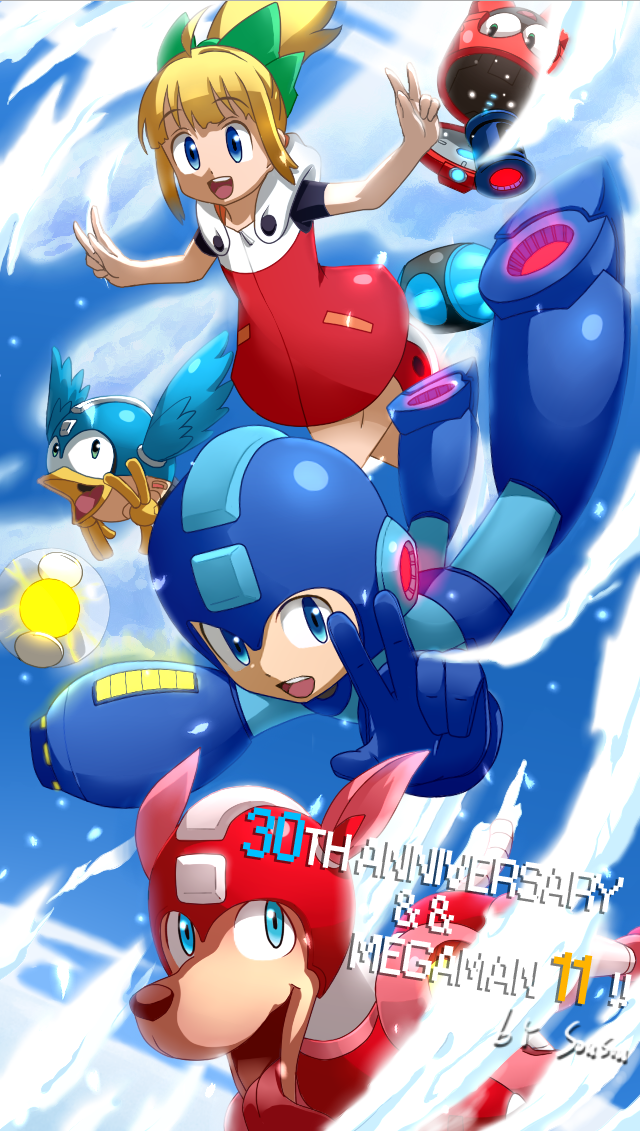 ! 1boy 1girl android arm_cannon beat_(rockman) blonde_hair blue_eyes blue_gloves capcom cloud copyright_name eyebrows_visible_through_hair fringe gloves hair_bow hair_ornament hand_gesture helmet hoodie jumping looking_to_the_side open_mouth ponytail robot rockman rockman_(character rockman_(classic) rockman_11 roll rush_(rockman) sidelocks sky smile teeth text tongue_out weapon