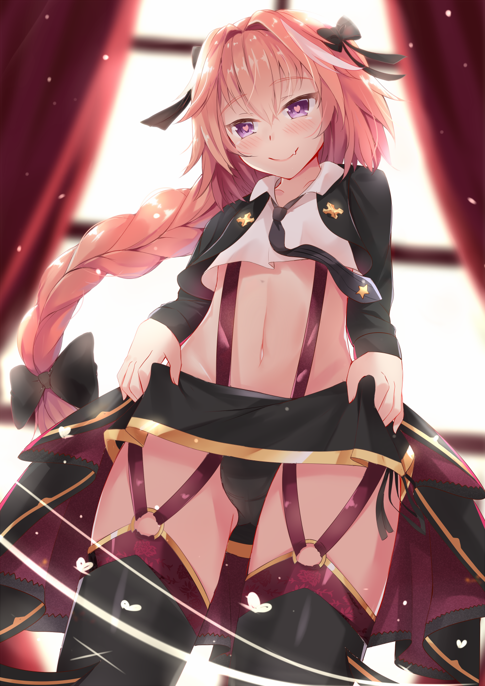 alternate_costume astolfo_(fate) backlighting black_bow black_legwear black_panties blush bow braid bulge closed_mouth cowboy_shot crop_top curtains fang fate/apocrypha fate/grand_order fate_(series) garter_straps hair_bow heart heart-shaped_pupils highres indoors long_hair long_sleeves looking_at_viewer male_focus nahaki navel necktie otoko_no_ko panties pink_hair purple_eyes side-tie_panties skirt skirt_lift smile solo suspenders symbol-shaped_pupils thighhighs thighs underwear very_long_hair window